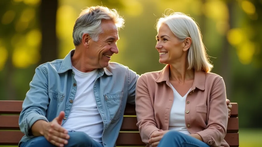 Casal de meia-idade em ambiente ao ar livre, refletindo sobre transições de vida e novos objetivos