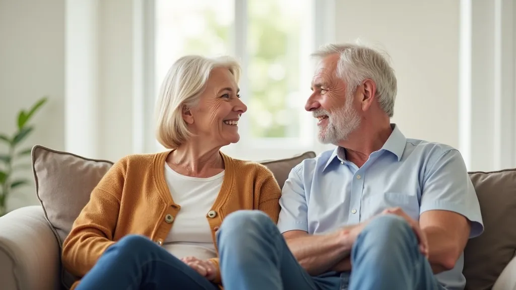 Casal na meia-idade conversando sobre planos futuros em ambiente aconchegante com luz natural
