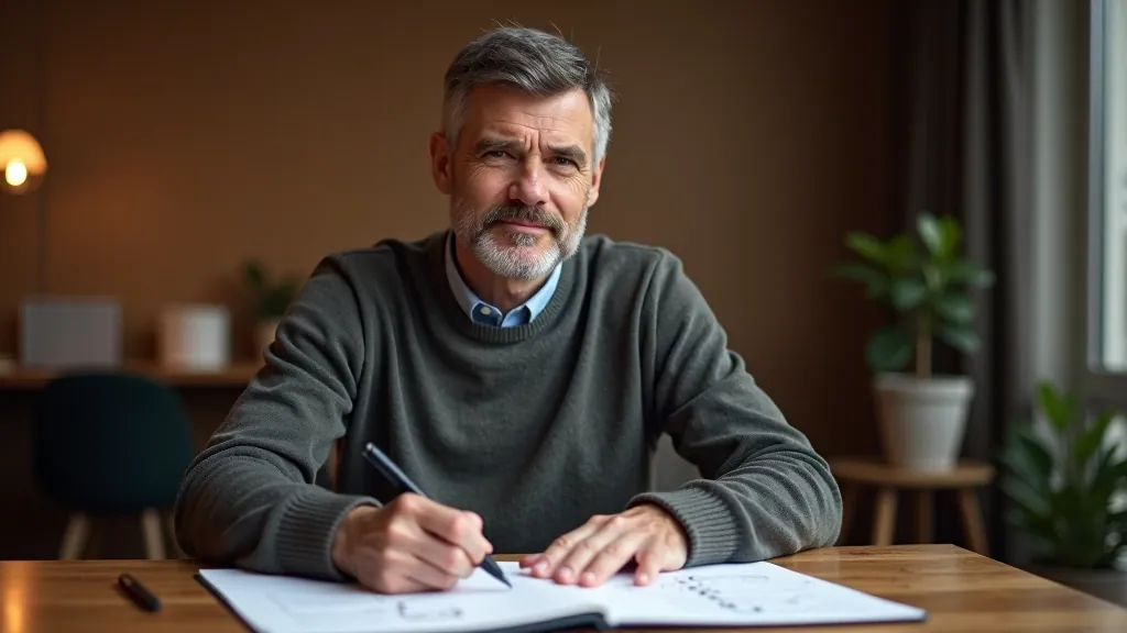 Homem analisando objetivos pessoais e profissionais em mesa de trabalho com planejamento visual