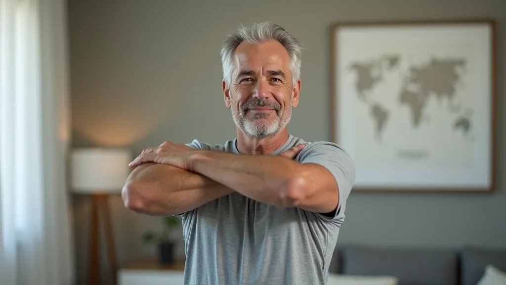 Homem de meia-idade a fazer exercício físico leve, demonstrando movimento confortável e natural do corpo envelhecido