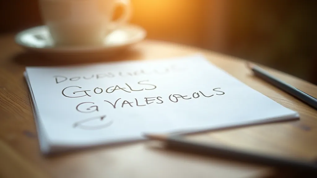 Caderno aberto com diagrama de valores e objetivos pessoais mapeados visualmente em página estruturada