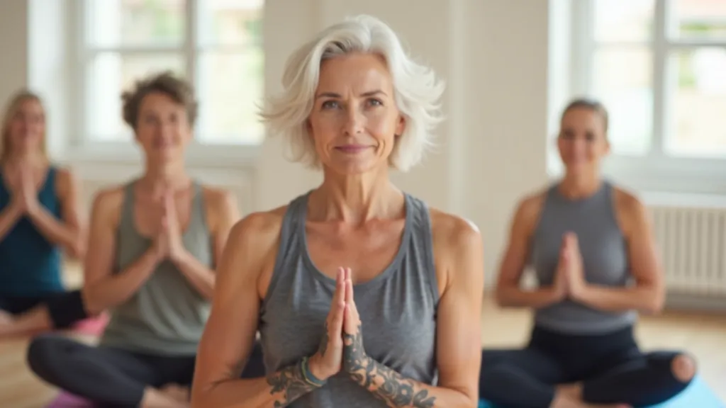Grupo de pessoas de diferentes idades em aula de yoga ou movimento, numa sala clara e luminosa, atmosfera de bem-estar e comunidade