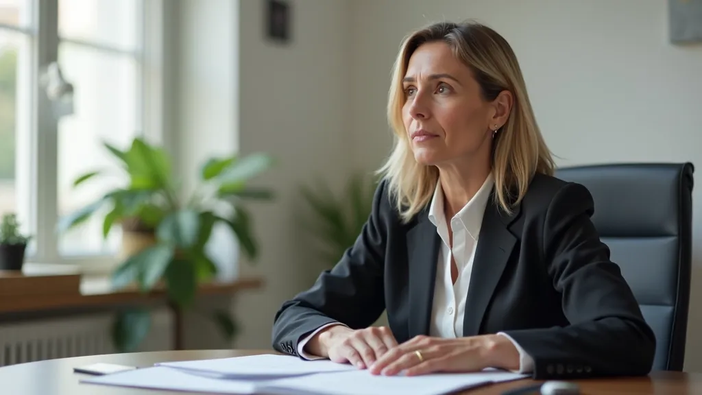 Mulher profissional refletindo sobre mudança de carreira, ambiente de escritório moderno com notas de planeamento
