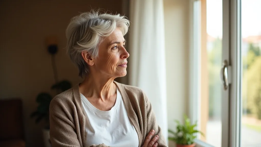 Mulher de meia-idade em reflexão durante transição de vida, luz natural suave