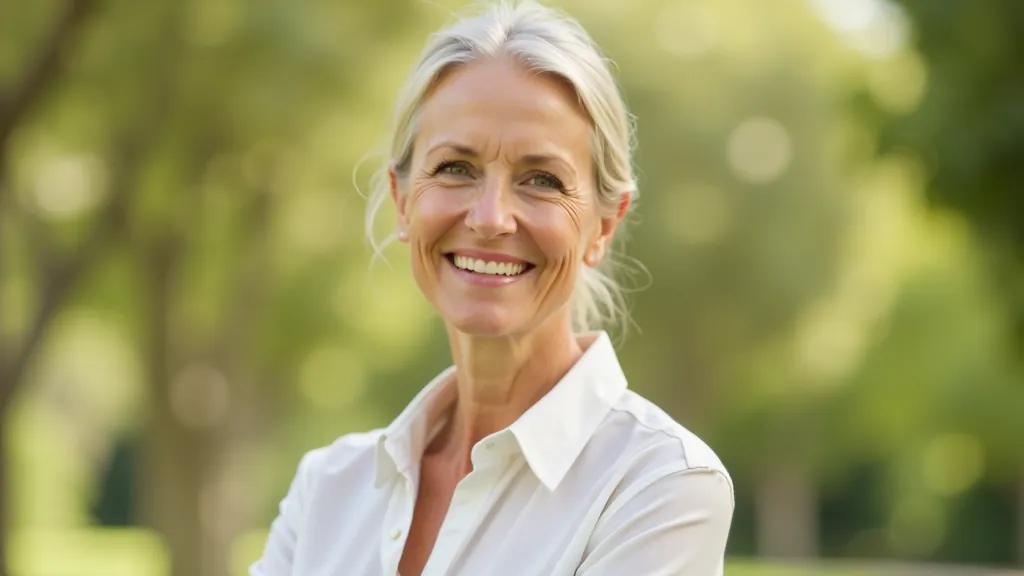 Mulher de meia-idade em ambiente ao ar livre, sorridente e confiante, refletindo paz com as transições naturais da vida